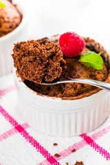 Mug Chocolate Cake. Instant Chocolate Cake in Portion Bowl. Selective focus.