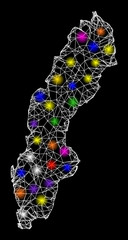 Web mesh vector map of Sweden with glare effect on a black background. Abstract lines, light spots and spheric points form map of Sweden constellation.
