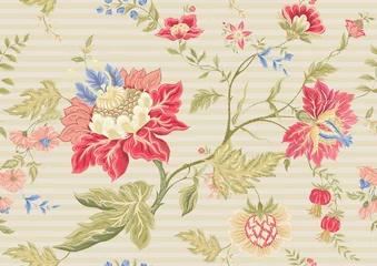 Möbelaufkleber Seamless pattern with stylized ornamental flowers in retro, vintage style. Jacobin embroidery imitation. Colored vector illustration on beige stripes background. © Elen  Lane