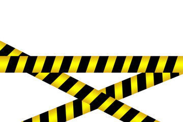 Black and yellow caution striped tapes crossed barrier tapes isolated on white background. Police...