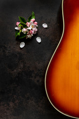 Acoustic guitar and apple tree flowers on dark brown background