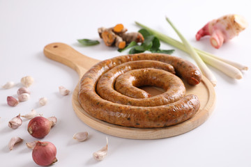 Local Northern Thai food , Northern Thai spicy sausage street food isolated in white background