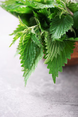 Green nettle leaves in wooden pot on grey background. Alternative herbal medicine. Stinging nettles, urtica. Skin allergy care