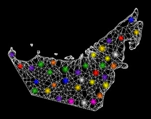 Web mesh vector map of United Arab Emirates with glitter effect on a black background. Abstract lines, light spots and points form map of United Arab Emirates constellation.