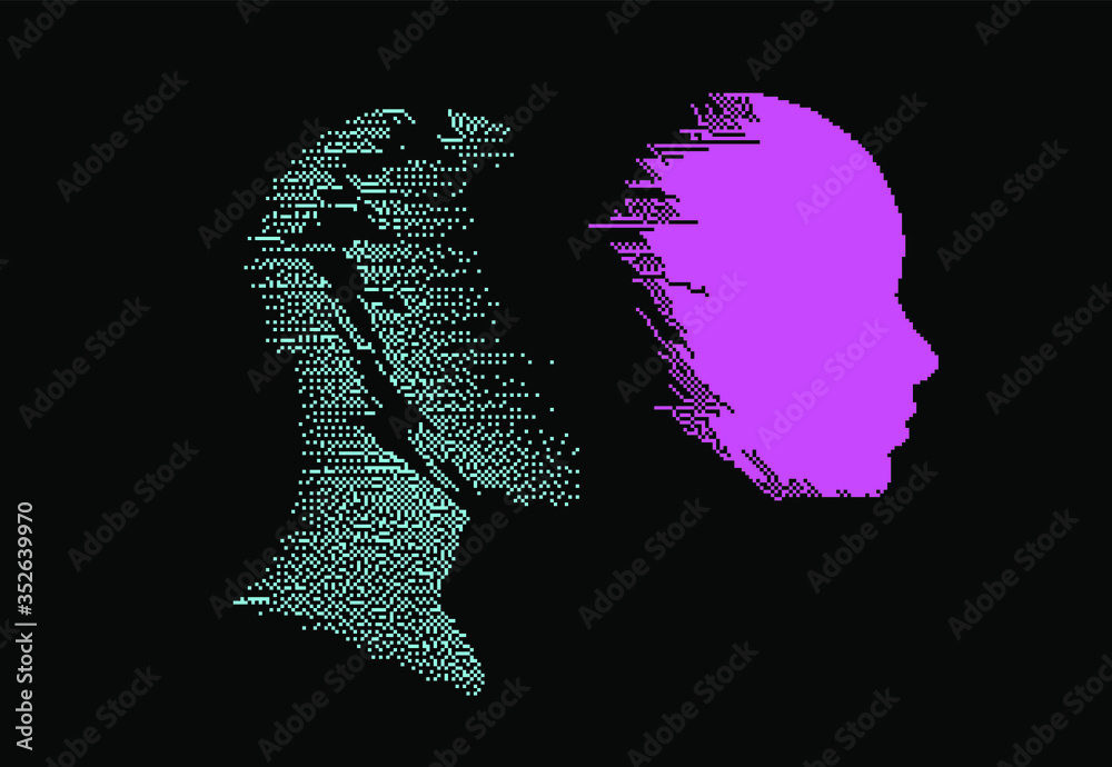 Poster Artificial intelligence concept. Human head with glitched pixels, distorted profile of a woman made of square particles.