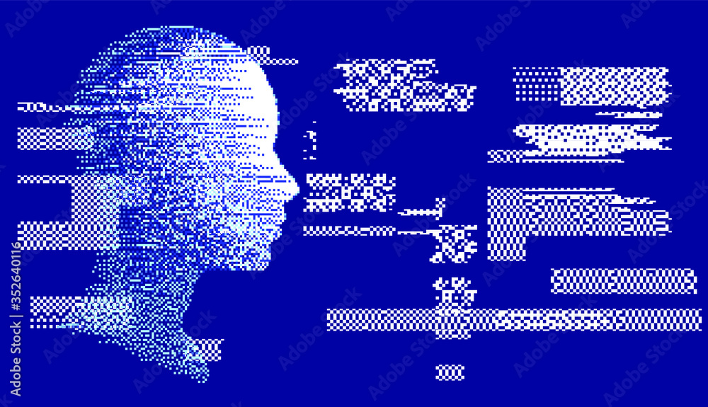 Poster artificial intelligence concept. human head with glitched pixels, distorted profile of a woman made 