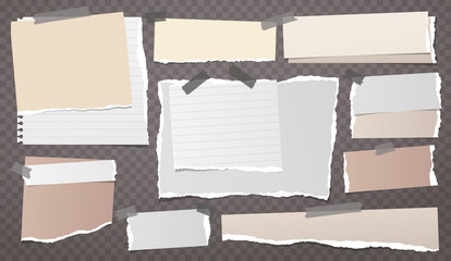Torn white and brown note, notebook paper strips and pieces stuck with sticky tape on dark squared background. Vector illustration