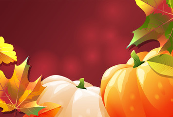 Naklejka na ściany i meble Two ripe pumpkins on a red background. Vector illustration. Autumn thanksgiving card