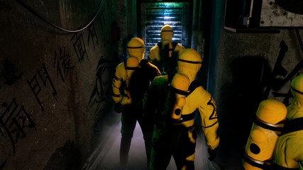 Fototapeta na wymiar Medics in a suit of bacteriological protection came to the infected patient. Men in yellow protective suits and gas masks. 3D Rendering.