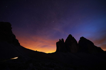 Night landscape over the Dolomites, Italy, Europe. On exposure shot