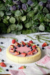 Low Fat Mousse Yogurt Strawberry and Raspberry Cheesecake set on cafe table.  Gluten Free Low-Carb Healthy Dessert.