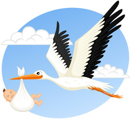 Vector illustration of a cartoon stork carrying a happy newborn baby.
