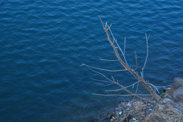 Stone rocks near water, on the background of lake, river, sea, ocean. Blue clear water. Artificial reservoirs