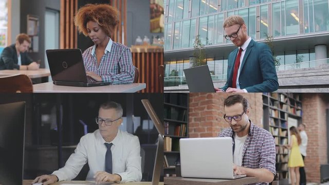 Diverse people using laptops in different locations, multi screen