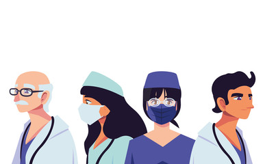 female and male doctors with uniforms and masks vector design