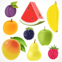 Set of fruits blackberry, plum, banana, apple, pear, apricot, mango, raspberry isolated on a white background
