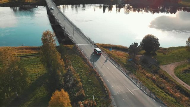 Aerial shot of camper car on bridge