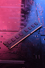 Computer memory RAM on motherboard background . Close up. system, main memory, random access...