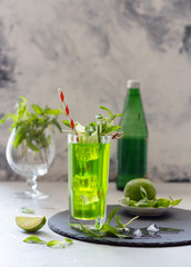 Sparkling tea with lime and fresh mint in glass, refreshing iced lemonate