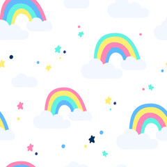 Seamless childish pattern with hand drawn rainbows and stars, .Creative scandinavian kids texture for fabric, wrapping, textile, wallpaper, apparel. Vector illustration