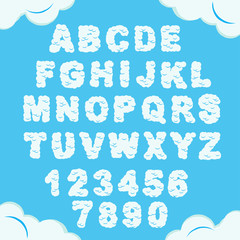 Cloud font. Sky Alphabet. Cloudy Chubby letters and numbers. Heaven fluffy typeface. Vector