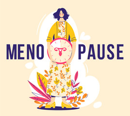 Menopause concept. Woman holds clock with female genital organs silhouette. Sign menopause. Modern flat vector illustration