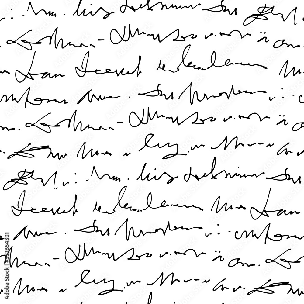 Poster Handwritten abstract text vector seamless pattern, vector monochrome script isolated on white background