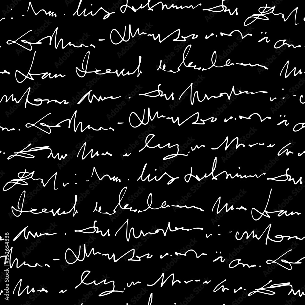 Poster Handwritten abstract text vector seamless pattern, vector monochrome script isolated on white background