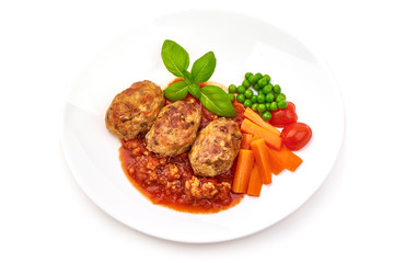 Baked pork meatballs, isolated on white background