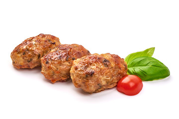 Homemade baked pork meatballs, isolated on white background