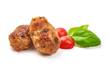 Homemade baked pork meatballs, isolated on white background