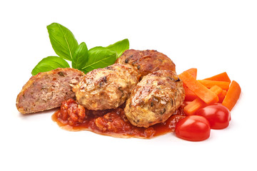 Homemade baked pork meatballs, isolated on white background