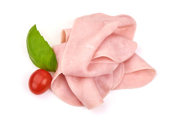 Thinly Sliced Ham, boiled sausage, isolated on white background