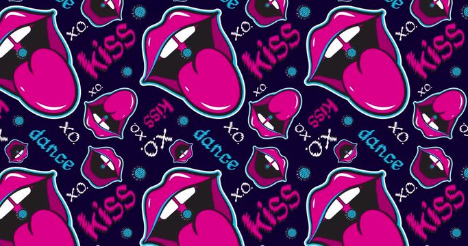 Flat animation of pop art pattern. Moving lips with tongue and handwritten lettering. Bright neon animation for background or screensaver. Motion gif design. Fashion animation lips.