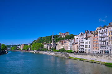 Fototapeta na wymiar Lyon, France and the architecture along the Saone River.