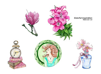 Watercolor set of spring and summer flowers in bloom and vintage objects icolsted on white background.