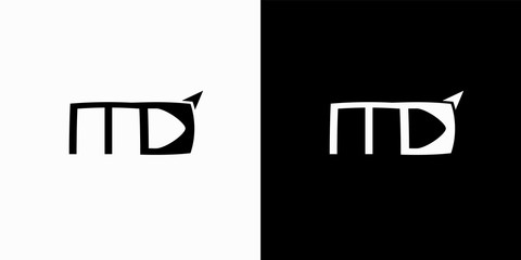Logo design. Black and white silhouettes of letters MD with arrow. Marketing design development.