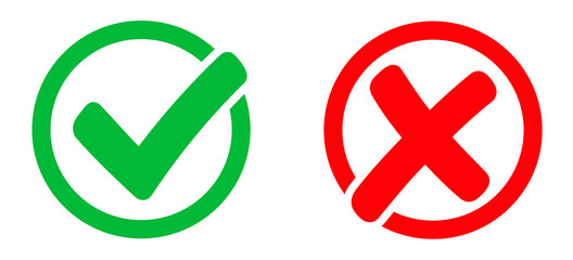 Check mark and X mark icon. Checkmark and x mark icon for apps and websites. Green and red check mark icon on white background - stock vector. © Comauthor