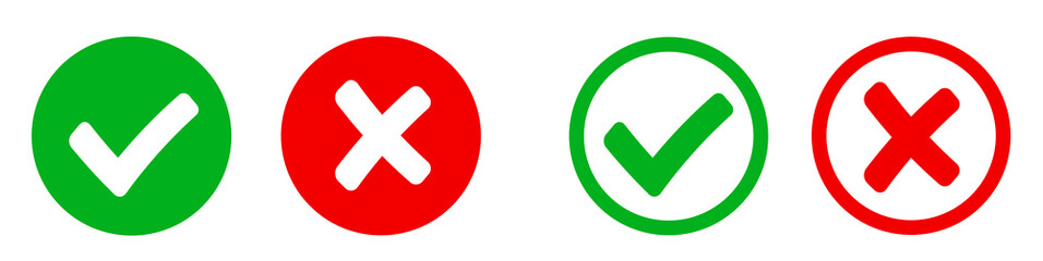 Check mark and X mark icon. Checkmark and x mark icon for apps and websites. Green and red check mark icon on white background - stock vector. © Comauthor