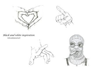 Ink drawn sketch illustration of a set of human skulls, anatomy of human hands, hands in shape of heart, portrait of polar man with sigare in glasses and warm hat isolated on white background.