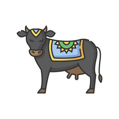 Holy cow RGB color icon. Sacred animal. Religious symbol of India. Indian culture. Symbol of earth. Spiritual values of Hindus. Agriculture, dairy industry. Isolated vector illustration
