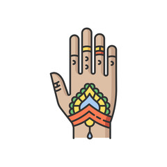 Mehndi RGB color icon. Indian tradition. Body art. Decorative designs on hand. Henna drawings. Tattoo artwork. Asian culture. Bridal ceremony. Isolated vector illustration