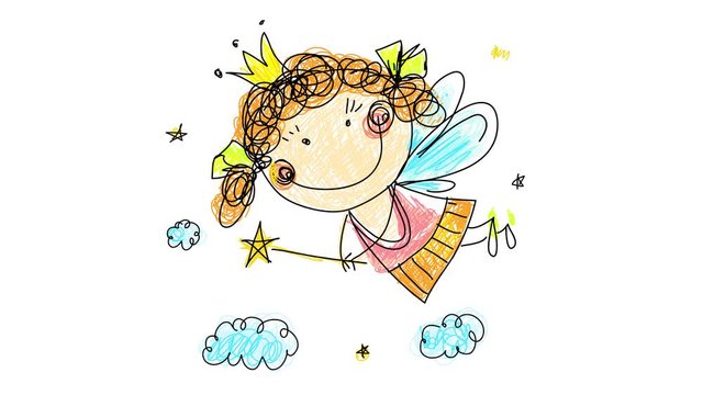 drawing of little happy fairy wearing golden crown pink and orange dress with curly red hair and holding a magic star wand flying with blue wings on cloudy starry sky