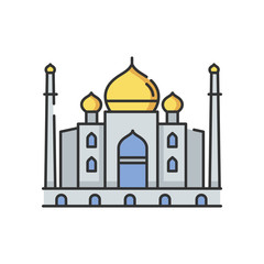 Taj Mahal RGB color icon. White marble mausoleum. Indian culture. Historical monument. Mughal architecture. Cultural heritage. Tourist attraction. Wonder of world. Isolated vector illustration