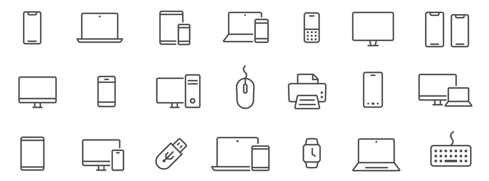 Device and technology line icon set. Electronic devices and gadgets, computer, equipment and electronics. Computer monitor, smartphone, tablet and laptop sumbol collection - stock vector.