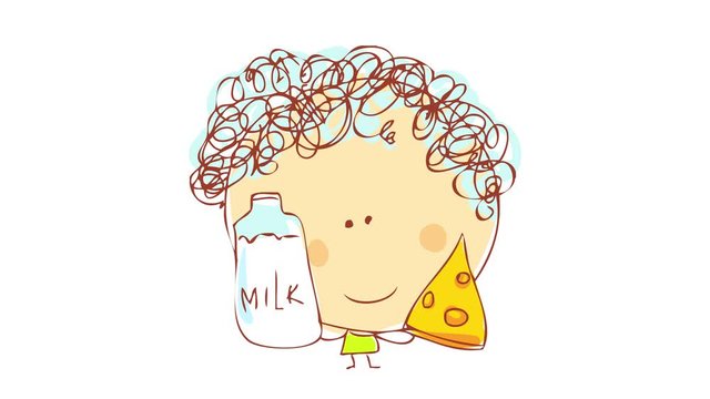 kid holding a crystal bottle of milk and a piece of cheddar cheese suggesting he is happy when he gets to eat or drink dairy products