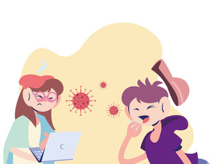 mom working with sick son