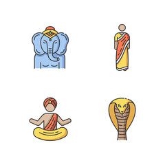 Indian culture RGB color icons set. Lord Ganesha. Religious symbol. Sari dress. Traditional Hindu clothing. Yogi in turban. King cobra. Venomous snake. Isolated vector illustrations