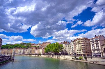 Obraz premium Lyon, France and the architecture along the Saone River.