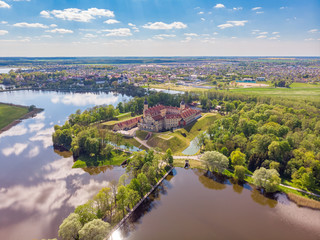 Fototapeta premium Flying above Nesvizh Castle in Belarus. Drone aerial photo